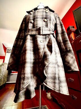 GUESS Gray Plaid Military Belted Trench Coat Ruffle Hem